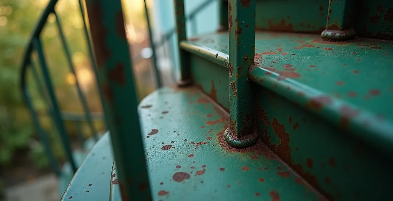 Vue en contre-plongée des escaliers en colimaçon caractéristiques du Plateau-Mont-Royal avec végétation urbaine