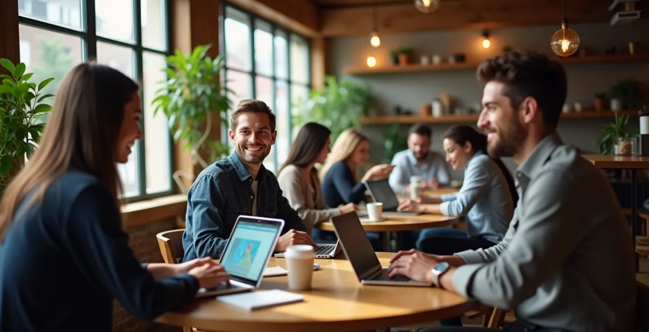 Espace de coworking dans un café de quartier avec télétravailleurs