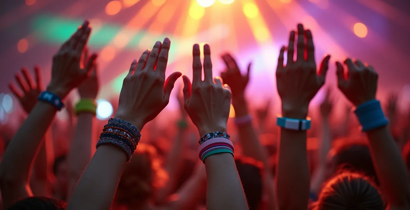 Vue macro de mains levées dans une foule de festival avec lumières colorées floues en arrière-plan