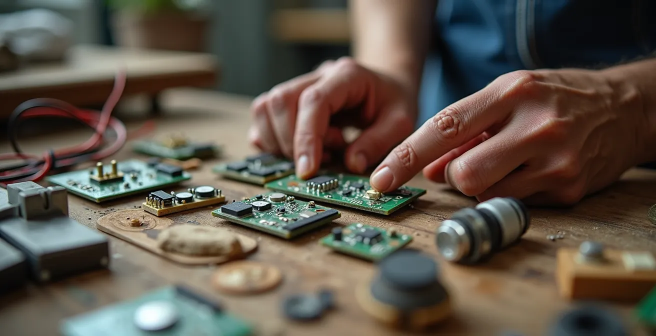 Gros plan sur des mains assemblant des composants technologiques recyclés dans un atelier montréalais