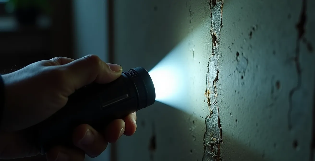 Gros plan sur une main inspectant minutieusement les détails d'un mur dans un appartement