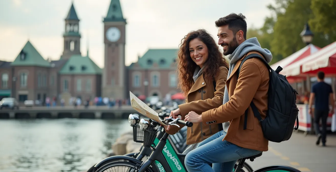 Couple à vélo BIXI traversant le Vieux-Port de Montréal avec le marché Jean-Talon en arrière-plan