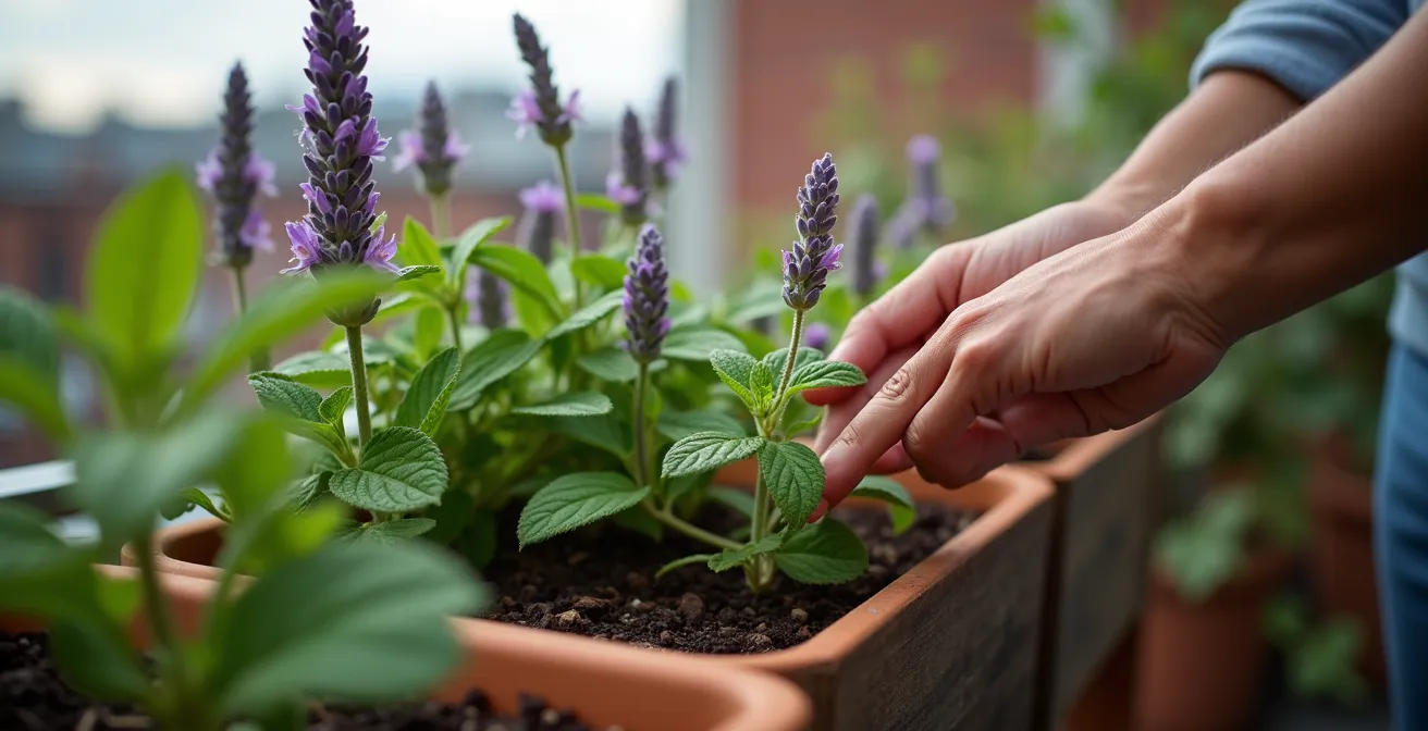 Gros plan macro sur des mains touchant délicatement des herbes aromatiques sur un balcon urbain montréalais