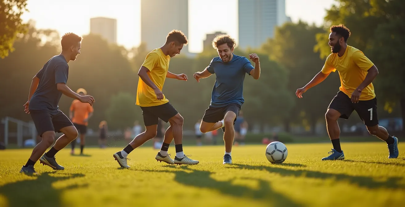 Groupe diversifié de joueurs de soccer amateur dans un parc de Montréal