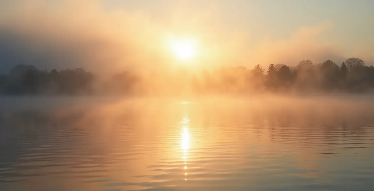 Brume matinale dorée sur le fleuve Saint-Laurent avec les îles de Boucherville en silhouette