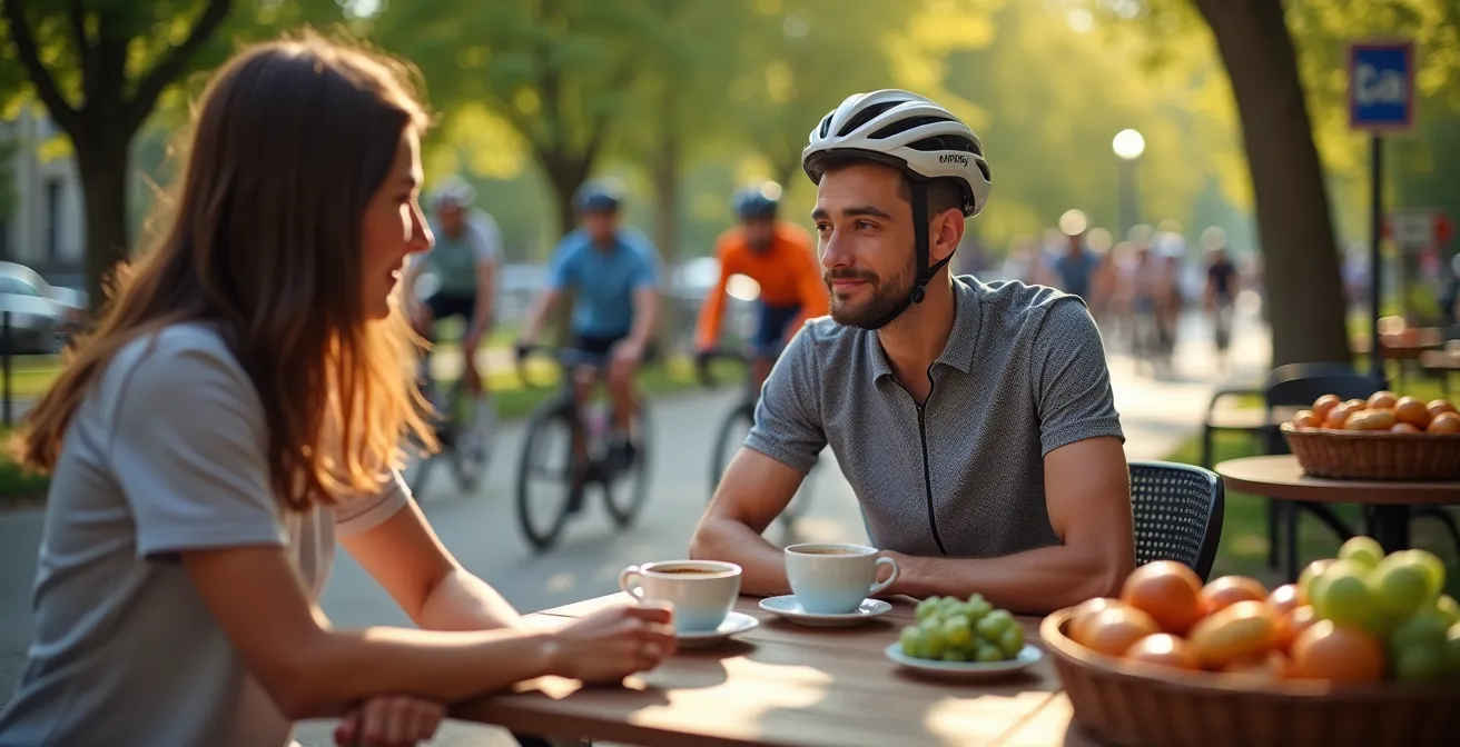 Terrasse animée près d'une piste cyclable avec vélos stationnés et produits du marché