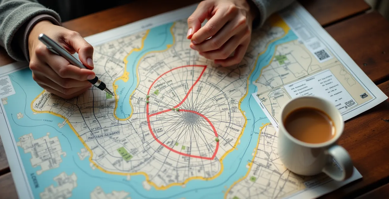 Table de travail vue de haut avec cartes de Montréal, notes manuscrites et café, composition minimaliste