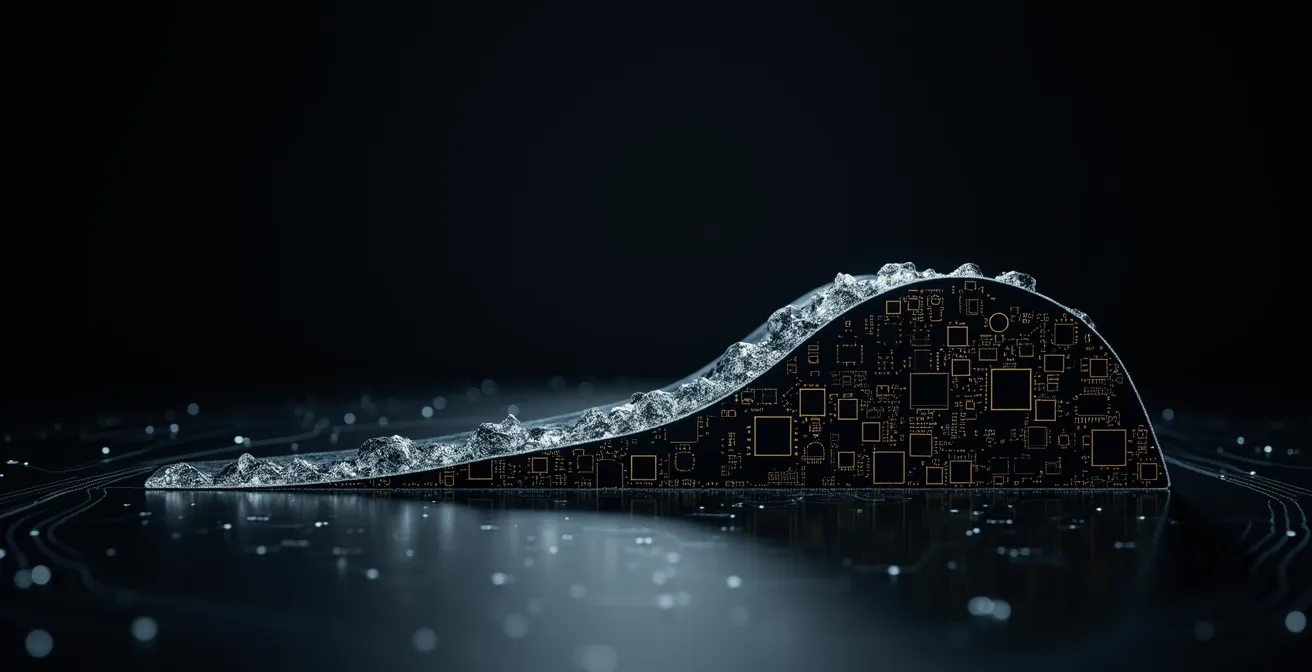 Visualisation abstraite de la courbe de hype avec des éléments représentant les technologies montréalaises