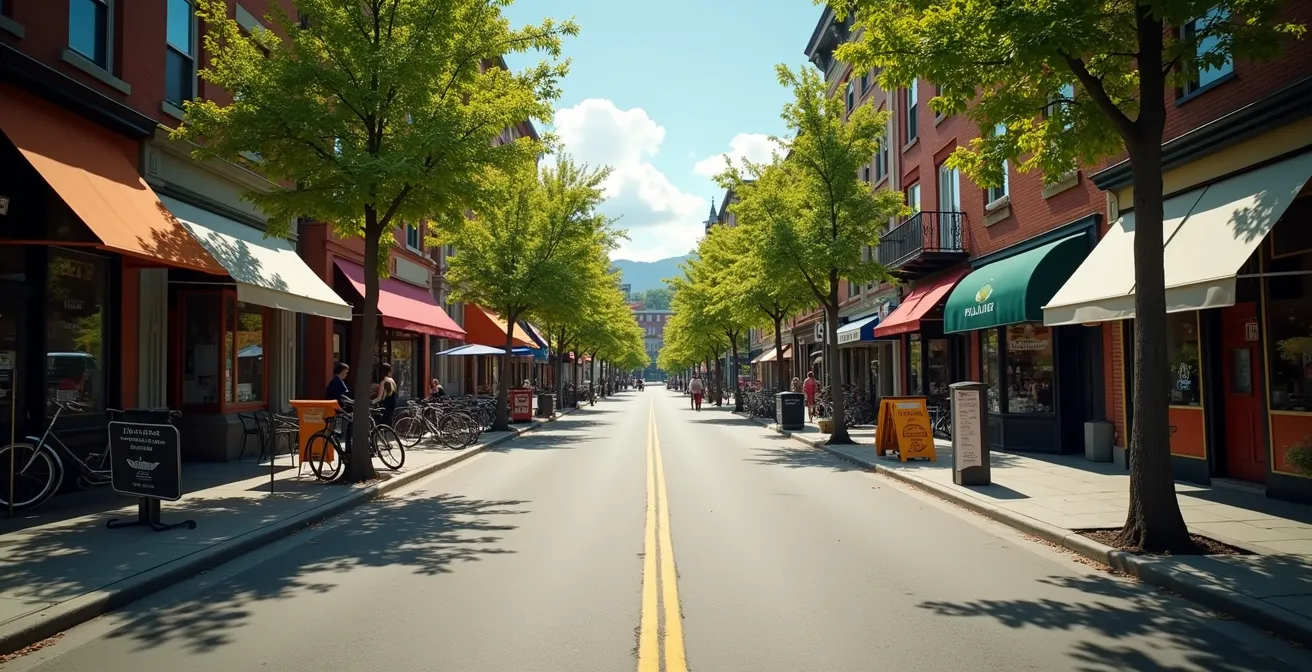Vue aérienne d'une petite rue commerciale animée avec terrasses et boutiques indépendantes à Montréal