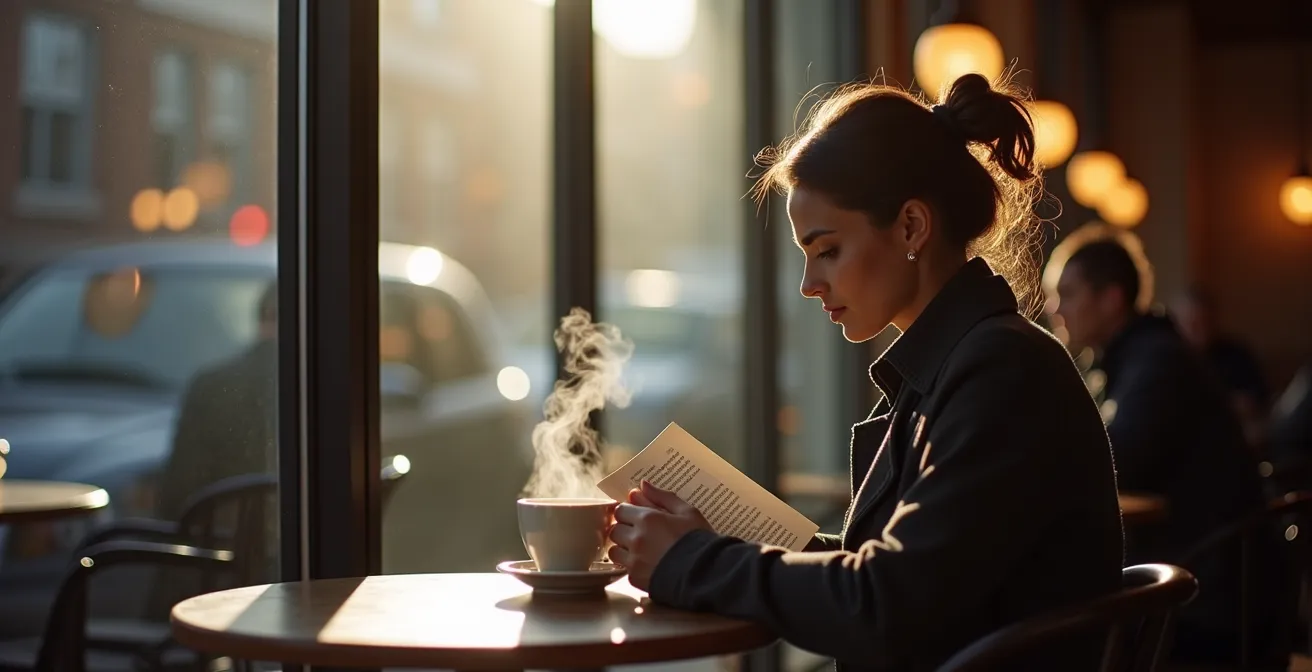 Personne seule lisant paisiblement dans un café montréalais avec lumière naturelle chaleureuse