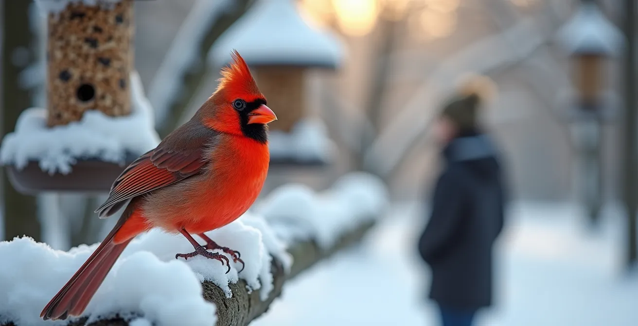 Gros plan sur un cardinal rouge perché sur une branche enneigée avec des mangeoires floues en arrière-plan hivernal