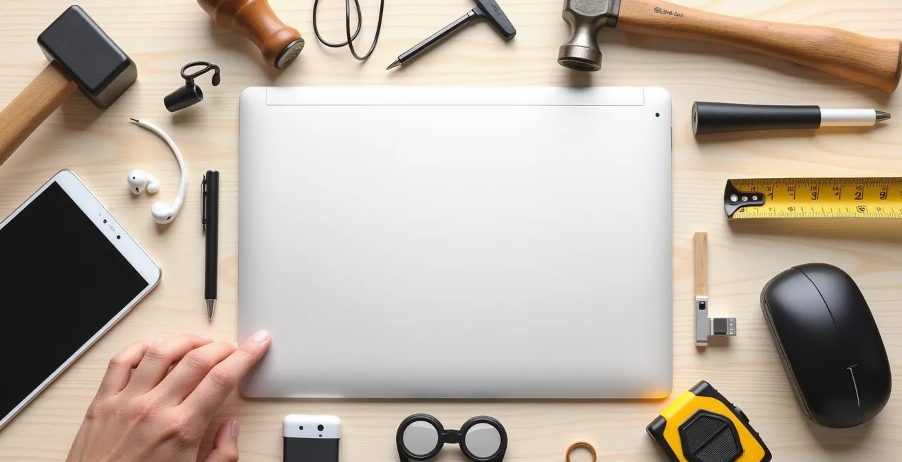 Espace de travail minimaliste montrant l'intégration harmonieuse d'outils numériques dans une petite entreprise montréalaise