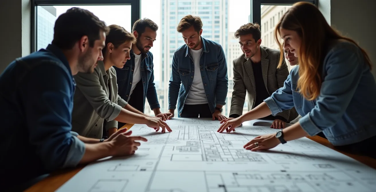 Personne analysant des plans d'urbanisme avec une approche critique