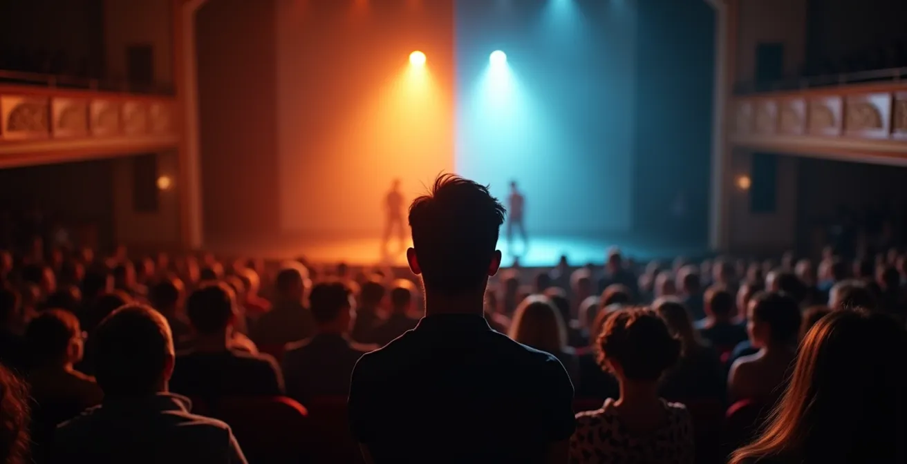 Scène théâtrale montréalaise symbolisant la rencontre des deux cultures linguistiques