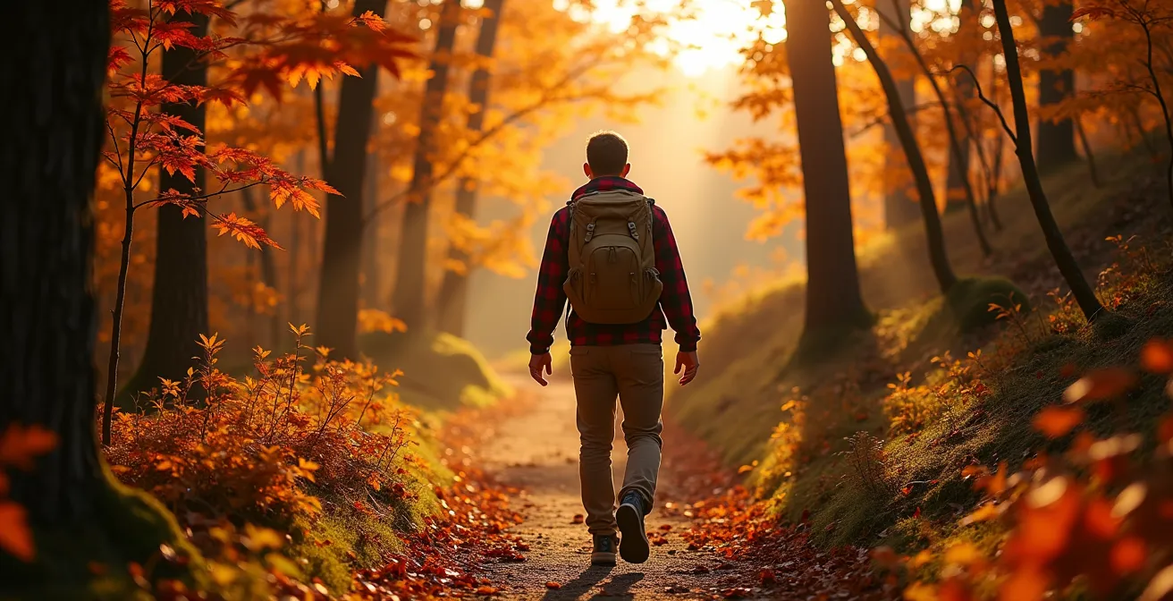 Randonneur solitaire sur un sentier forestier entouré d'érables aux couleurs automnales dans un parc-nature de Montréal