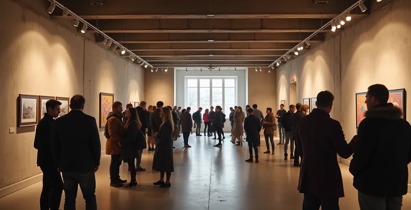 Vernissage dans une galerie montréalaise avec artistes échangeant autour d'œuvres exposées