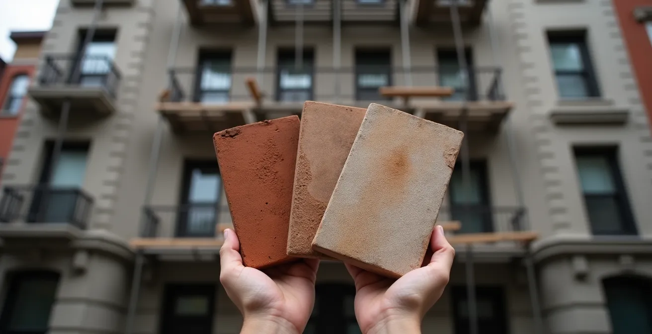 Un propriétaire examine attentivement des échantillons de matériaux historiques pour la rénovation de sa maison patrimoniale dans le Vieux-Montréal