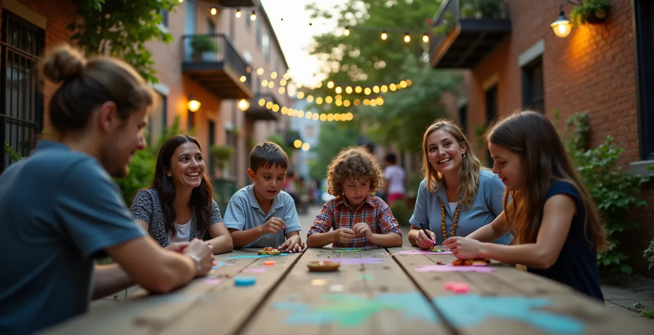 Voisins partageant un repas dans une ruelle verte de Montréal illuminée par des guirlandes lumineuses, incarnant la vie communautaire.