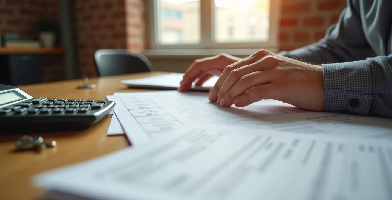 Gros plan sur des mains tenant des documents de candidature locative avec une calculatrice et des clés en arrière-plan flou