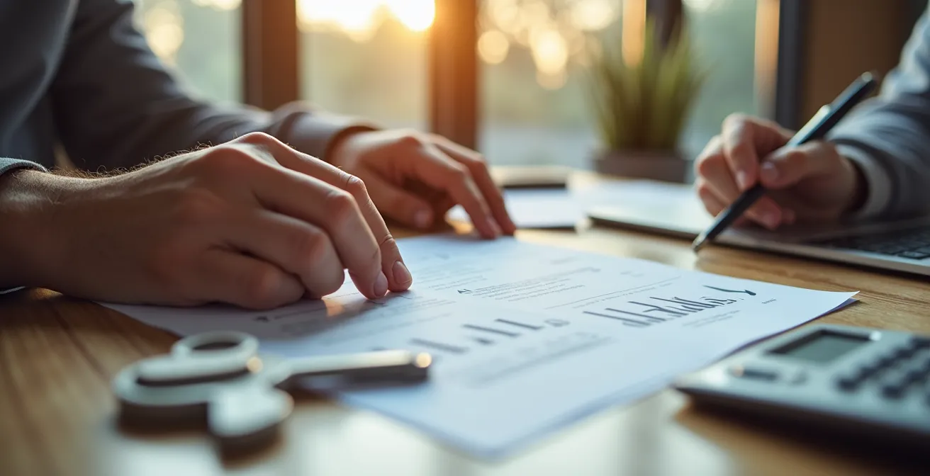 Mains tenant des documents de copropriété avec clés et calculatrice sur table en bois