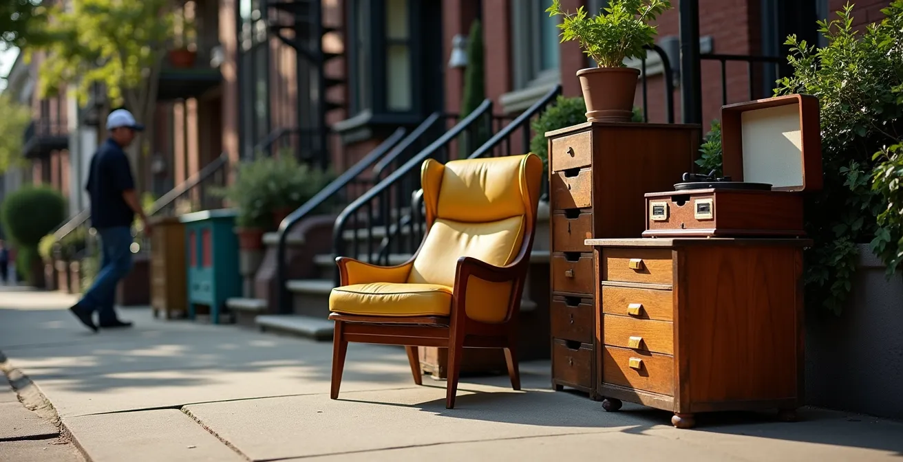 Scène de rue montréalaise le 1er juillet avec des meubles vintage et des objets de seconde main sur le trottoir, attendant de nouveaux propriétaires.