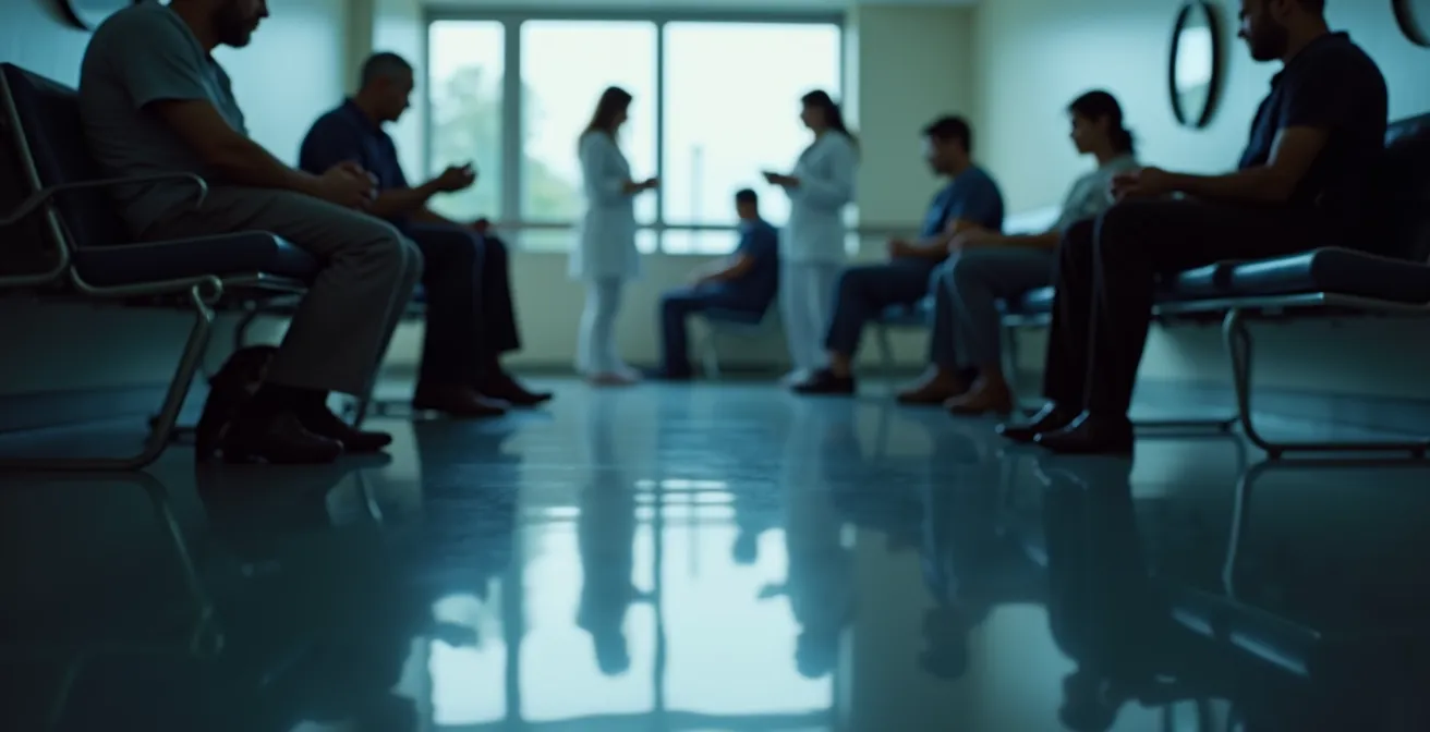 Salle d'attente d'urgence hospitalière montréalaise avec patients anonymes