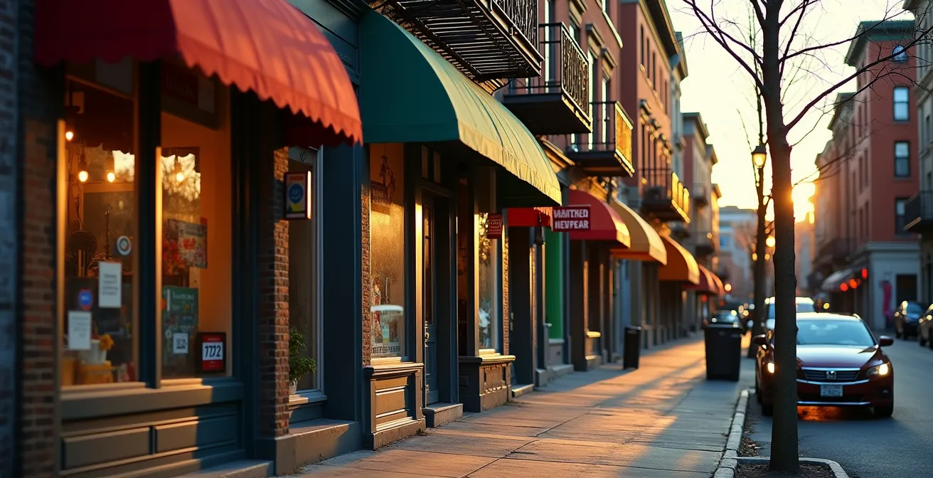 Façades de commerces typiques montréalais avec devantures colorées et enseignes artistiques floues en arrière-plan