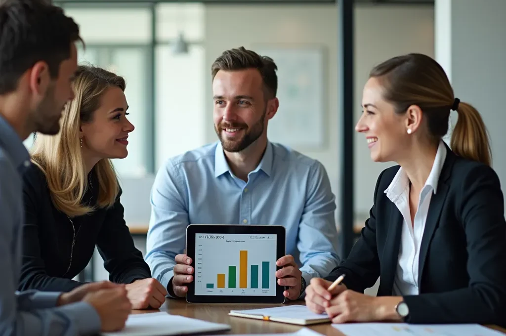 Rencontre professionnelle entre clients et courtier immobilier dans un bureau moderne Rencontre professionnelle entre clients et courtier immobilier dans un bureau moderne